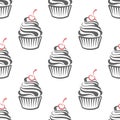 Seamless pattern, linear silhouettes of cupcakes, line art on a white background. Sweet desserts. Food background