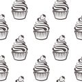 Seamless pattern, linear silhouettes of cupcakes, line art on a white background. Sweet desserts. Food background