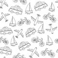 Seamless pattern linear transport. Airplane motorhome bike ship. Vector hand drawn background. It can be used for