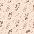 Seamless pattern of linear various branch, leaves and moon in trendy style.