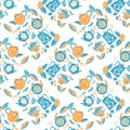 Seamless pattern in lino style, teapots anf leaves