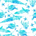 Seamless pattern with linocut prints on the theme of summer travel with turtles and dolphins