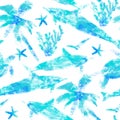 Seamless pattern with linocut prints on the theme of summer travel with turtles and dolphins