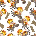 Seamless pattern of lion the cowboy riding a brown horse, T-Shirt Design for children. Design elements for kids
