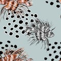 SEAMLESS PATTERN WITH LION FISH ON NEUTRAL GRAY BACKGROUND