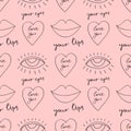 Seamless pattern with lips, hearts, eyes and romantic inscriptions about love drawn in the style of doodle. Vector image in red.