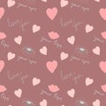 Seamless pattern with lips, hearts, eyes and romantic inscriptions about love drawn in the style of doodle.