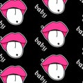 Seamless pattern with Lips with tongue and piercing. Inscription Baby. Black Emo Goth background. Gothic aesthetic in