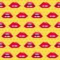 Seamless pattern with lips on yellow background.