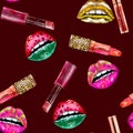 Seamless pattern with lipstick and juicy bright lips on dark background