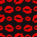 Seamless pattern lipstick kiss on black background. Bright red Lips prints vector illustration. Perfect for Valentines day Royalty Free Stock Photo