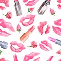 Seamless pattern with a lipstick kiss prints