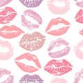 Seamless pattern with lipstick kisses. Colorful lips of gentle purple and pink shades isolated on a white background. Royalty Free Stock Photo