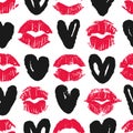 Seamless pattern with lipstick kisses and hearts Royalty Free Stock Photo