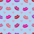 Seamless pattern with lipstick prints and hearts. Valentines day background