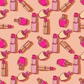 Seamless pattern with lipsticks and nail varnishes Royalty Free Stock Photo