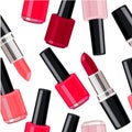 Seamless pattern - lipsticks and nail varnishes. Royalty Free Stock Photo