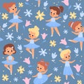 Seamless pattern little ballerinas. Young beautiful dancers in ballet tutus, girls in dresses and pointe shoes, flowers