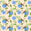 Seamless pattern Little Bird with flowers and plant watercolor