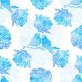 Seamless pattern with little birds and peonies