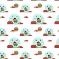 seamless pattern little blue ghost with appetite eats burger and fries