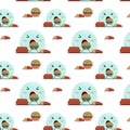 seamless pattern little blue ghost with appetite eats burger and fries Royalty Free Stock Photo