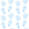 Seamless pattern little blue palm, handprint, footprint. Baby shower, gender reveal party, design invitation. Boy or