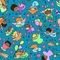 Seamless pattern of little cartoon angels with heart, balloon