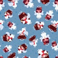 Seamless pattern of little Christmas angels flying on blue starry sky.