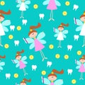 Seamless Pattern with Little Cute Tooth Fairy with Teeth