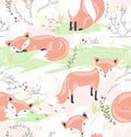 Seamless pattern with little foxes. Cute spring background