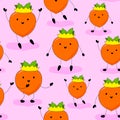 Seamless Pattern Little Girls Persimmons on Rose Background. Persimmon ÃÂ¡haracter in the ÃÂ¡rown like a Princess. Cute Royalty Free Stock Photo