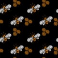 Seamless pattern with little honey bee embroidery stitches