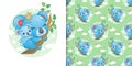 The seamless pattern of the little koala carry her baby on her back and staying on the branch