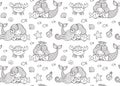 Seamless pattern with little lying mermaid, big fish, krabbe, crown.