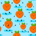 Seamless Pattern Little Persimmons on Blue Background. Cute and Happy Persimmon Characters Smile, Dance, Wave and Jump Royalty Free Stock Photo