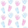 Seamless pattern little pink blue palm, handprint, footprint. Baby shower, gender reveal party, design invitation. Boy Royalty Free Stock Photo