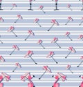 Seamless Pattern With Little Pink Flamingos And Umbrellas From The Sun On A Striped Background.