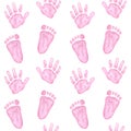 Seamless pattern little pink palm, handprint, footprint. Baby shower, gender reveal party, design invitation. Boy or