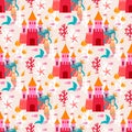 Seamless pattern with little princess mermaid with castle. Royalty Free Stock Photo