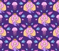 Seamless pattern with little princess mermaid on a dark violet background.