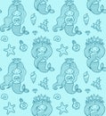 Seamless pattern with little princess mermaid, starfish, seashell. Under the sea.