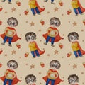 Seamless pattern with little superheroes. Two cute boys with a smile, glasses and curls in a long red raincoat. Thin and