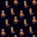 Seamless pattern with little superheroes. Two cute super-boys with a smile, round glasses and curls in a long red cloak