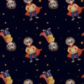 Seamless pattern with little superheroes. Two cute super-boys with a smile, round glasses and curls in a long red cloak
