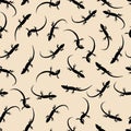 Seamless pattern with lizards. Black silhouettes of reptiles