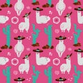 Seamless pattern with llama, alpaca,cactus and design elements on pink background. Vector hand drawn Illustration. South america`