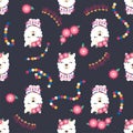 Seamless pattern with llama, alpaca faces. Cute drawings of llama head with hearts, inscription, mountains, cacti, star