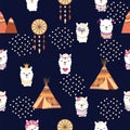 Seamless pattern with llama, alpaca faces. Cute drawings of llama head with hearts, inscription, mountains, cacti, star