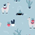 Seamless pattern with llama, cactus and hand drawn elements.